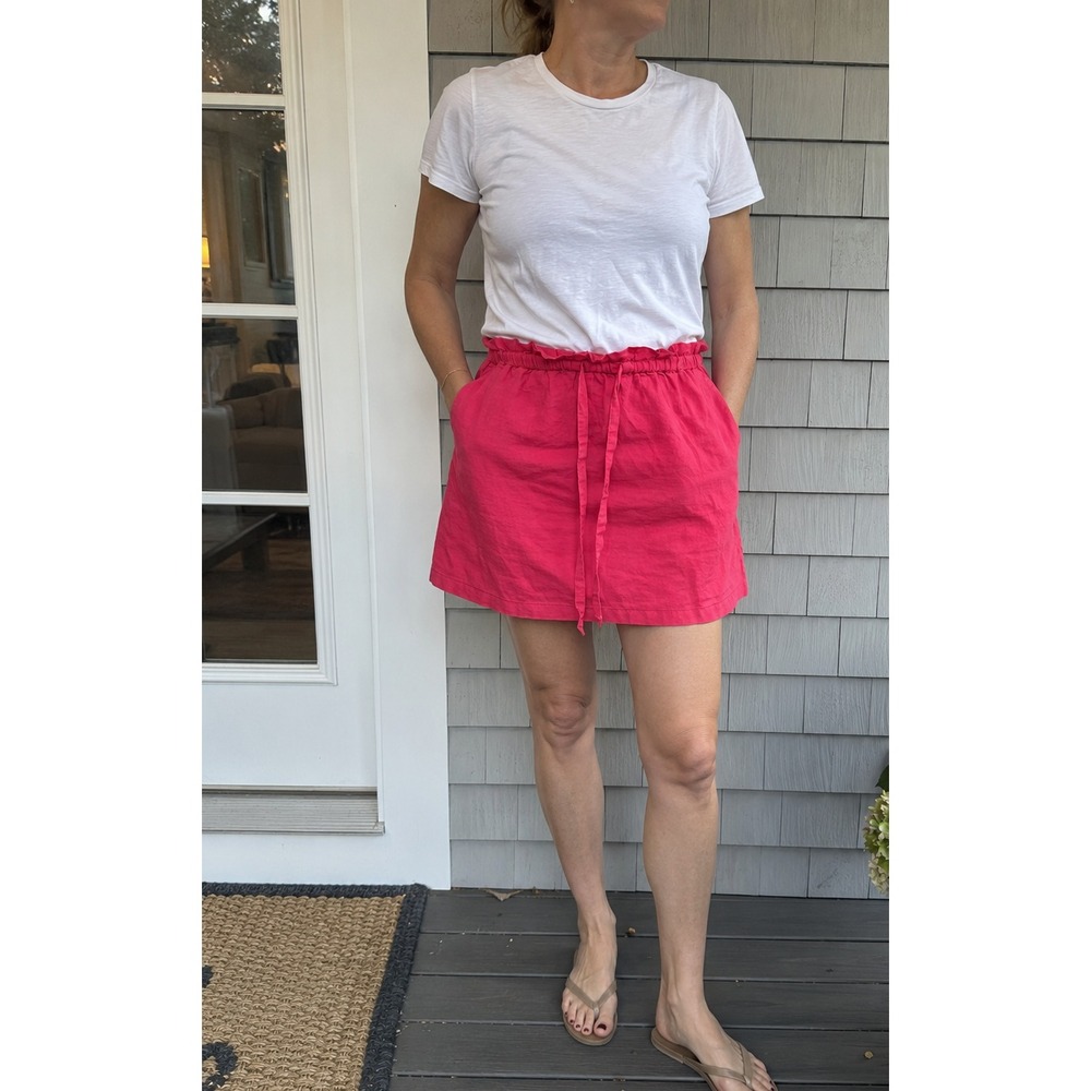 St Tropez West 100% Linen Pink Mini Skirt L Paperbag Waist Resort Vacation